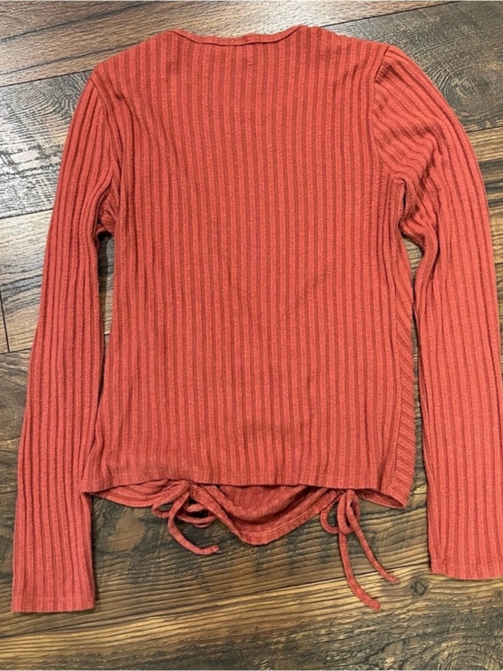 Women's Ribbed Long Sleeve Drawstring Top - Rust - Picture 2 of 3